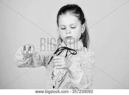Back To School. Science Research In Lab. Small School Girl. Small Smart Girl With Testing Flask. Edu