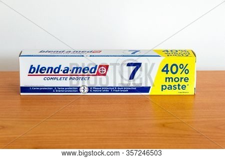 Pruszcz Gdanski, Poland - March 15, 2020: Blend-a-med Complete Protect Toothpaste. Pack With 40% Mor