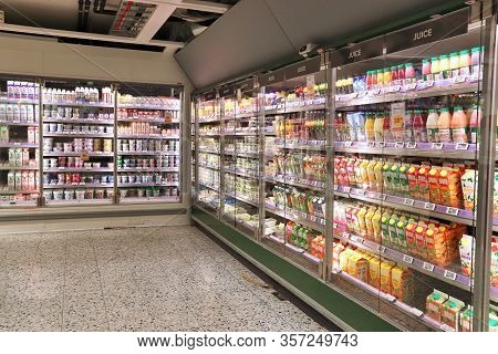 Jonkoping, Sweden - August 25, 2018: Supermarket Fridge Section In Sweden. Monthly Consumer Spending