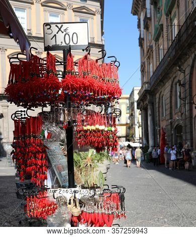 Many Red Lucky Horn For Sale In A Souvenir Shop In Naples
