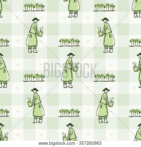 Hand Drawn Whimsical Woman Gardner With Hat Sowing Seed. Gingham Seamless Pattern. Vector Vintage Ch