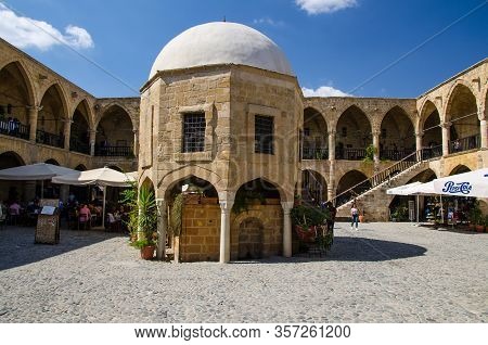 Nicosia, Cyprus - September 24, 2017: Cafes, Restaurants And Souvenir Shops In Caravanserai Buyuk Ha
