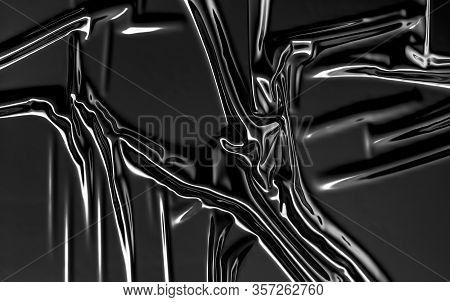 Blank Black Crumpled Plastic Foil Wrap Overlay Mockup, 3d Rendering. Empty Wrinkle Material For Carr
