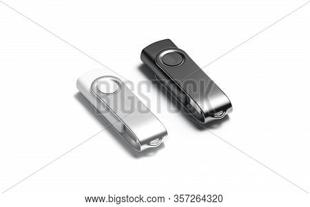 Blank Black And White Closed Usb Stick Mockup Set, Side View, 3d Rendering. Empty Digital Adapter Fo