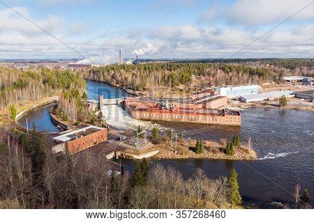 Aerial View Of Hydroelectric Power Generation Plant And Ankkapurha Industrial Museum At Kymijoki Riv