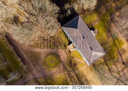 Aerial View Of Beautiful Old Building Of Abandoned Anjala Manor.