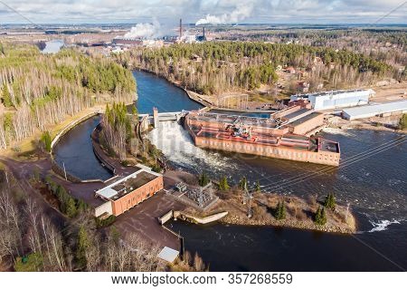 Aerial View Of Hydroelectric Power Generation Plant And Ankkapurha Industrial Museum At Kymijoki Riv