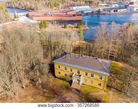 Kouvola, Finland - 19 March 2020: Aerial View Of Beautiful Yellow Old Building Of Abandoned Anjala M