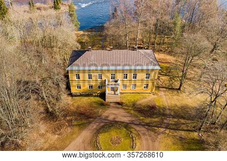 Kouvola, Finland - 19 March 2020: Aerial View Of Beautiful Yellow Old Building Of Abandoned Anjala M