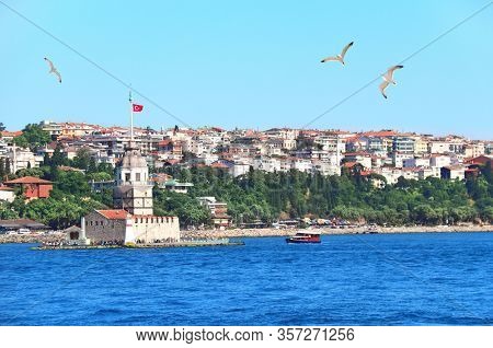 View from the Bosphorus to Maiden's Tower (Leander's Tower, Kiz Kulesi), Istanbul, Turkey