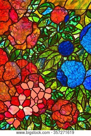 White Sulphur Springs, Wv / Usa - August 9, 2018: A Close Up Image Of Colorful Stained Glass Details