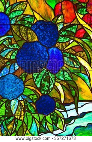 White Sulphur Springs, Wv / Usa - August 9, 2018: A Close Up Image Of Colorful Stained Glass Details