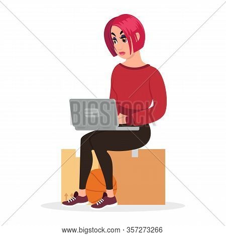 Redheaded Girl Sitting On Cardboard Box, Looking For Work, Seeking Employment Or New Flat, Houseroom