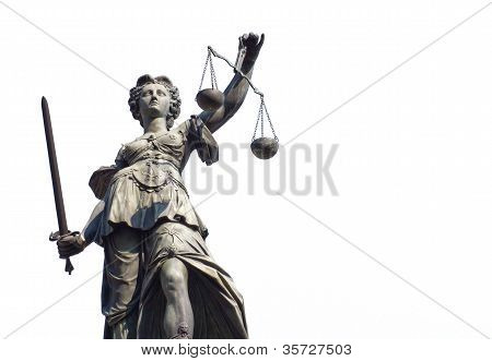 Justitia, die isoliert auf weiÃŸem Hintergrund