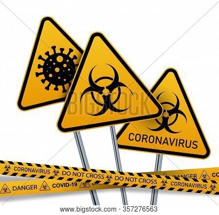 Coronavirus Warning Sign In A Triangle And Warning Tape Vector Illustration. Coronavirus In Europe. 