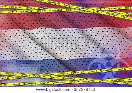 Netherlands Flag And Covid-19 Quarantine Yellow Tape. Coronavirus Or 2019-ncov Virus Concept