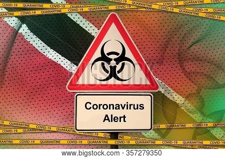 Trinidad And Tobago Flag And Covid-19 Biohazard Symbol With Quarantine Orange Tape. Coronavirus Or 2