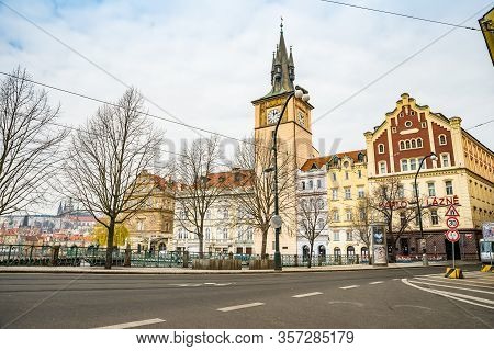 Prague, Czech Republic - March 19, 2020. Smetanovo Nabrezi - Smetana Riverbank During Coronavirus Cr