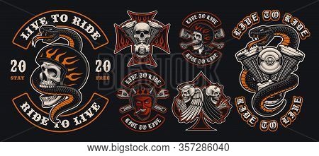 Set Of Colorful Biker Emblems On Dark Background