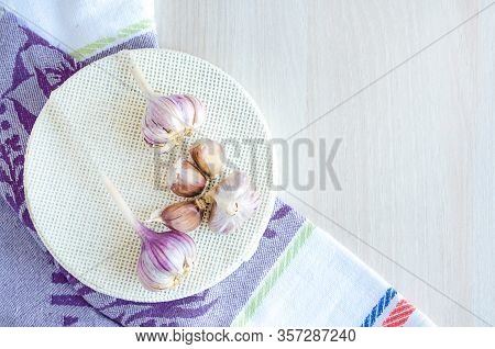 Top View Of Garlic To Immunity Boosting On Light Background, Copy Space. Vegetable To Enhance Immune