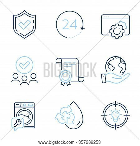 Confirmed, Idea And Seo Gear Line Icons Set. Diploma Certificate, Save Planet, Group Of People. 24 H