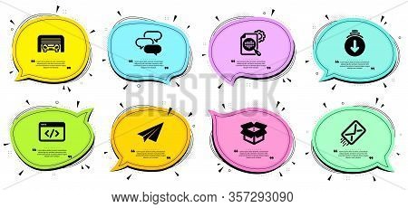 Paper Plane, Seo Stats And Parking Garage Signs. Chat Bubbles With Quotes. Open Box, Seo Script And 