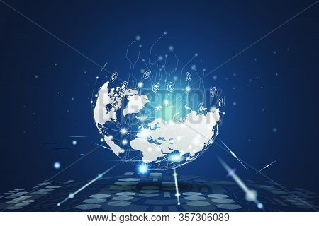 Technology Wireless Network Globe Communications System With World Map.  Point And Line Composition 