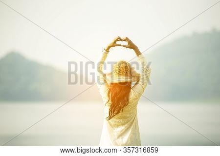 Back Side Woman Feeling Fresh Freedom Positive Energy Standing Grass Field Flower Meadow Internation