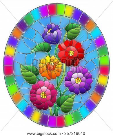 Illustration In Stained Glass Style With A Bouquet Of Multicolored Tsiniya Flowers, Oval Image In A 