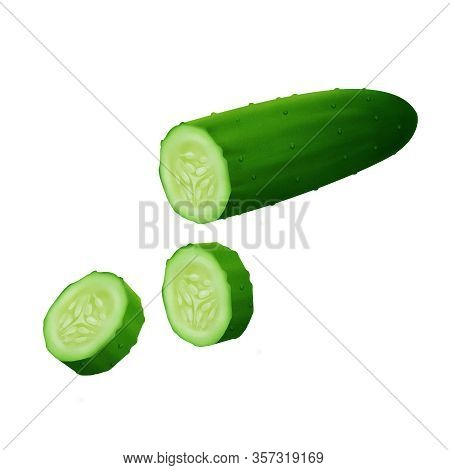 Fresh Cucumber Slices, Vegetable Realistic Illustration Isolated On White Background.