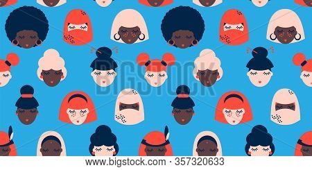 Seamless Pattern With Women From All Over The World. Asian, Indian, Native American, Arab Woman, Bla