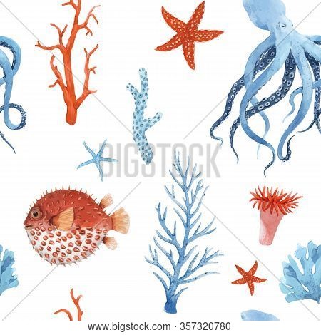 Beautiful Vector Seamless Pattern With Underwater Watercolor Sea Life. Stock Illustration.