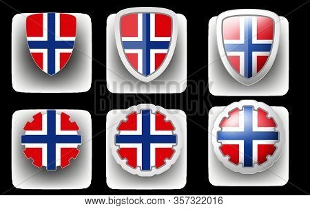 6 Vector Icons Of Norway Flag Shield Button And Cogwheel, Flat And Volumetric Style In Flag Colors R