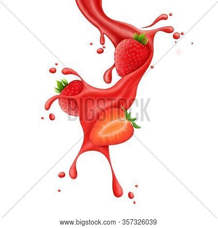3 Red Strawberry In Straw Berry Juice Splash Realistic 3d Illustration. 3d Berry Fruit Liquid, Summe