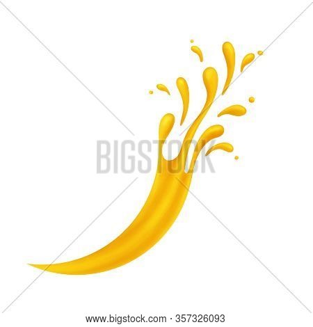 Yellow Mango Juice Splash Realistic Illustration, Liquid Flowing In Motion, Isolated On White Backgr