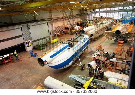 Tyumen, Russia - June 5, 2019: Aircraft Repair Helicopter Utair Engineering Plant. Mi-8 Helicopters 