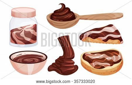 Chocolate Thick Paste On Spoon And Spreaded On Bread Vector Set