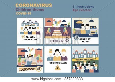 Vector Set Coronavirus Children Theme,  School Quarantine,  Canceling A Birthday Party, Study At Hom