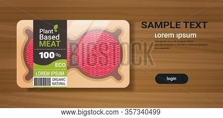 Plant Based Vegetarian Burger Steak Beyond Meat In Packaging Organic Natural Vegan Food Concept Wood