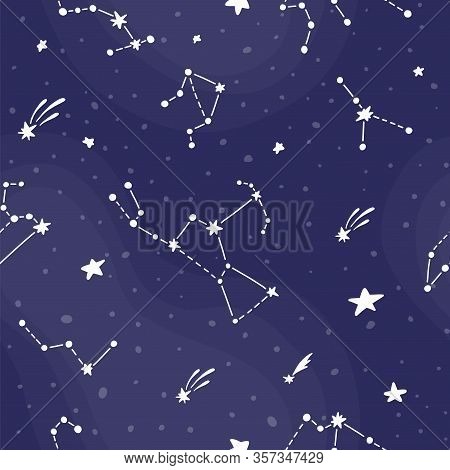 Cosmic Fabric For Kids. Bright Childish Tile. Constellations On Dark Night Sky. Cute Design For Kids