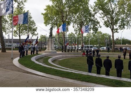 Angers, France - May 8 2019: Veterans Marching With Flags, Crowd Of People, 8 May Victory Day In Fra