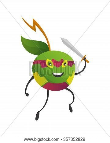 Cartoon Superhero Apple. Fruit In Mask And With Sword. Cute Childish Cartoon Character. Funny Cartoo