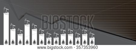 Oil Price Falling Down Graph Vector Concept Horizontal Banner With Arrows And Oil Rigs Isolated On G