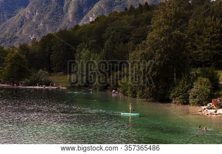 Bohinj, Slovenia - August, 03: Girl On Paddle Board In The Bohinj Lake On August 03, 2019