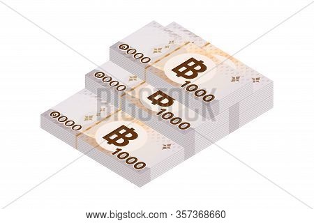 Pile 1000 Baht Banknote Money Thai Isolated On White, Thai Currency One Thousand Thb, Money Thailand