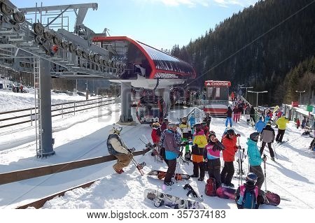 Jasna, Slovakia - January 22, 2019: View On The Station Krupova With Skiers, On The Cable Car Of Sou