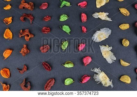 Dried Aromatic Plant Parts, Dried Flowers, Dried Fragrance. Geometric Pattern.