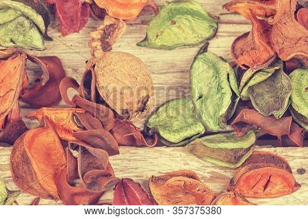 Potpourri. Close-up Of Dried Flowers, Used For Aromatherapy, On White Background. Top View.