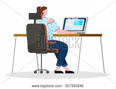 Young Woman, Office Worker Work On Laptop At Office Room. Working Process Of Person. Lady Sit On Cha