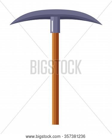 Pickaxe Or Pick Isolated On White Background. Heavy Steel Mattock With Wooden Handle. Equipment, Too